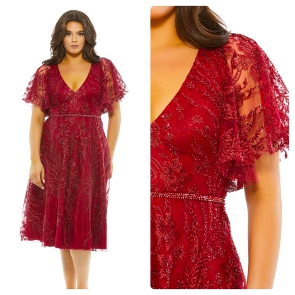 Mac Duggal Sz 14W Embellished Flutter Sleeve Midi Tulle Lace Dress 67546